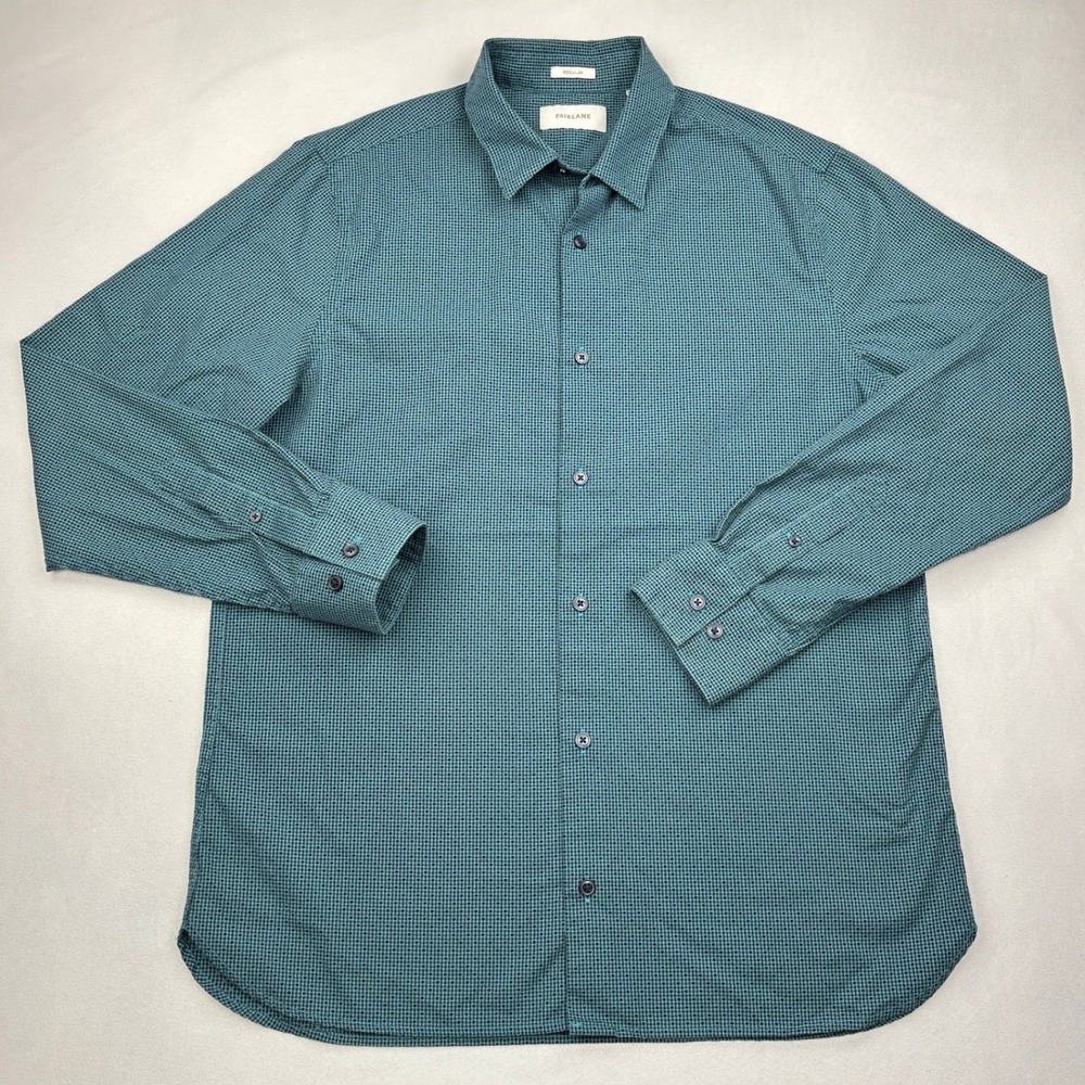 Fairlane Mens Shirt Medium M Teal Navy Blue Micro Dot Button Down Long Sleeve